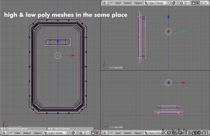 Showing both the high and low poly mesh in the same place (low poly is selected and highlighted pink)