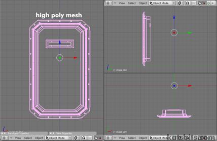 The high poly mesh shown placed at the same 'XYZ' co-ordinates on Blenders grid as the low poly version