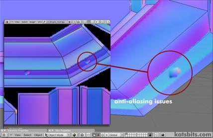 Distortions in the normal maps, shown here applied as a diffuse iamge, caused by the lack of anti-aliasing during the normal map baking process in Blender
