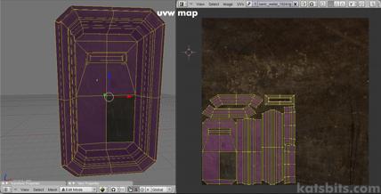 Low poly door model showing UVW map active in both the 3D view (left)and image/uvw edit view (right)