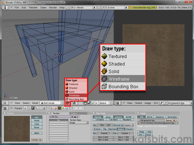 Changing to wireframe mode to view edge selections more easily