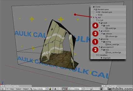 Collision mesh/hull joined to the main object model creating a single object from all objects