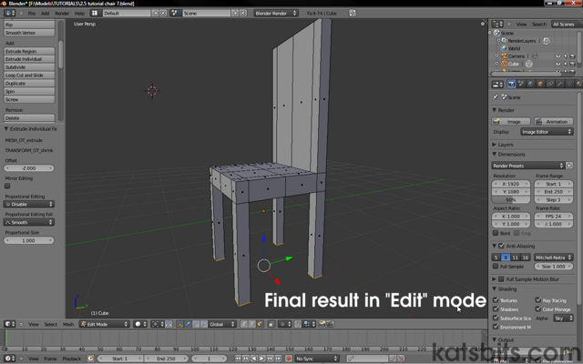Construction of the basic chair done in Edit mode of Blender 2.5