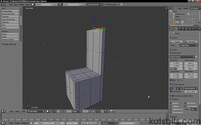 Chair back done using Extrude Region tools in Blender