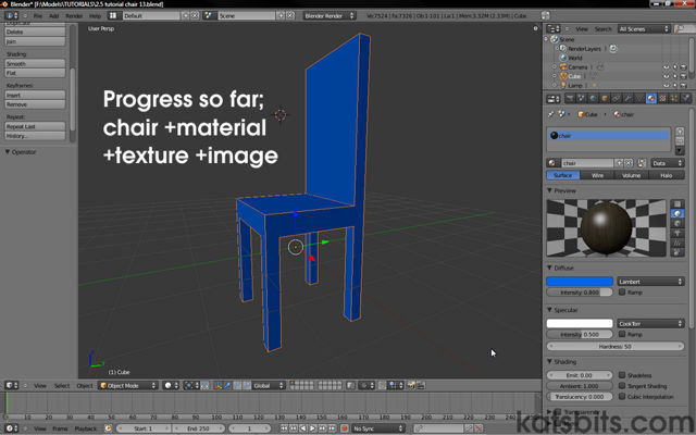 Progress so far in making a chair in Blender 2.5 and adding materials to it