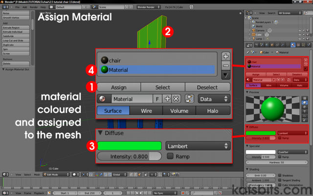 Assigning the completed material to the mesh with "Assign"