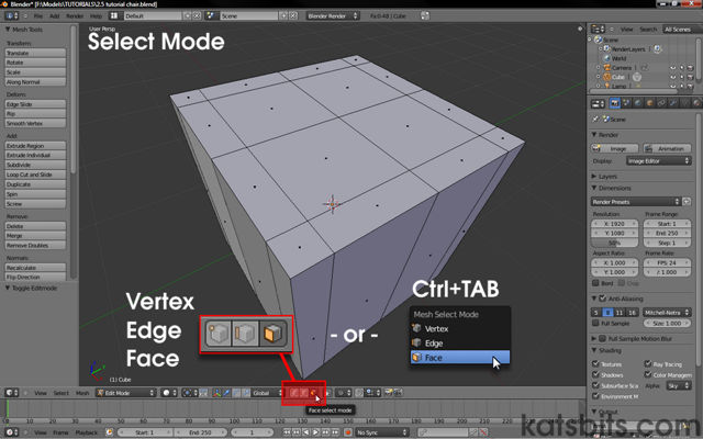 Select Mode in Blender changing between vertex, edge or face selection