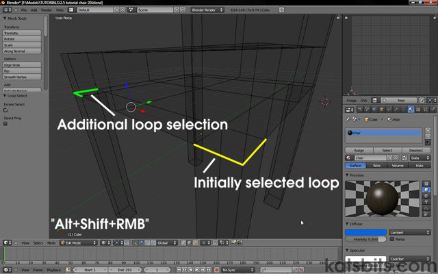 Selecting additional edge loops with Alt+Shift+RMB in Blender 2.5