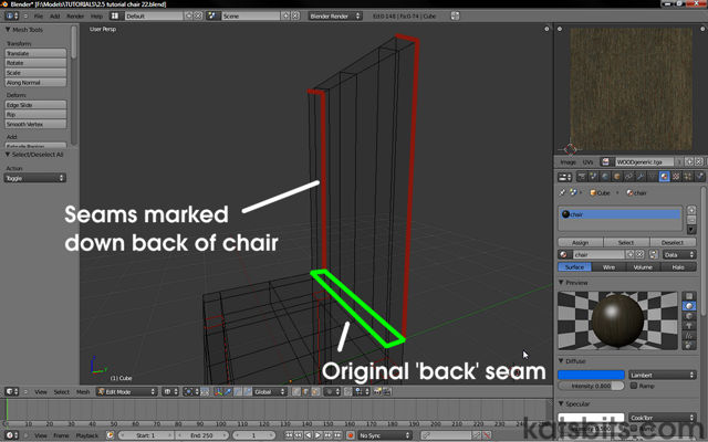 Marking the seams down the back of the chair so the UVW map unfolds flat in Blender 2.5
