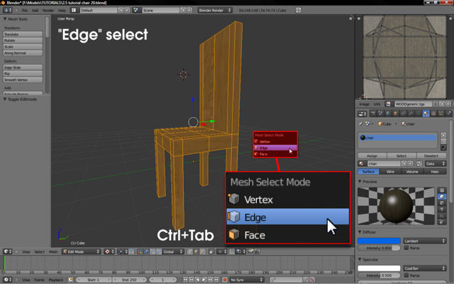 Switching to Edge Select mode in readiness of marking UV seams in Blender 2.5