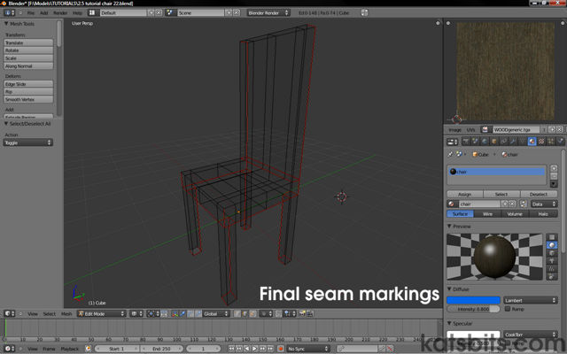 Final seam markings for the chair model before UVW unwrapping in Blender 2.5
