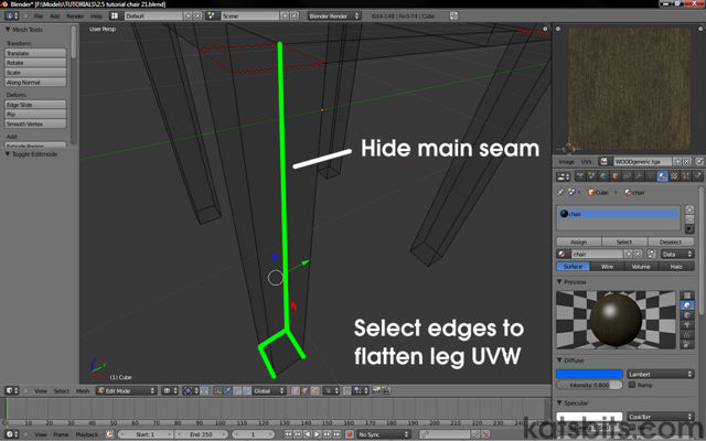 Marking seams to flatten leg UVW maps in Blender 2.5