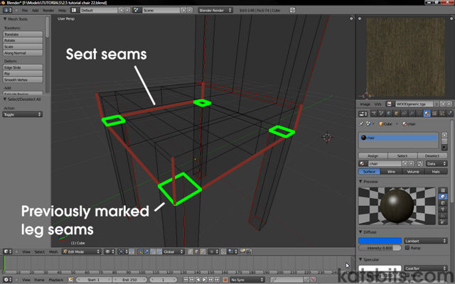 Marking the seat seams to flatten the UVW map in Blender 2.5