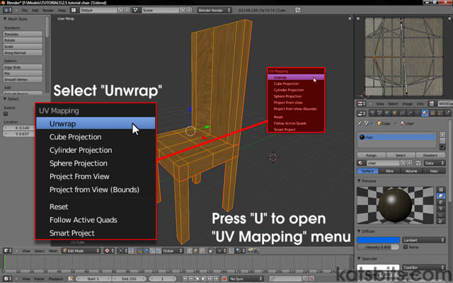 Press "U" to open the "UVMapping" options in Blender 2.5