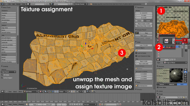UV unwrap the mesh and assign the texture to the terrain