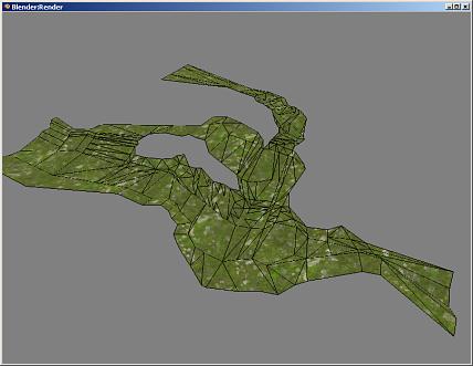 A section of terrain shown textured in a 3D application. 'Wireframe' overview is enabled to highlight the distribution of polygons over this mesh object.