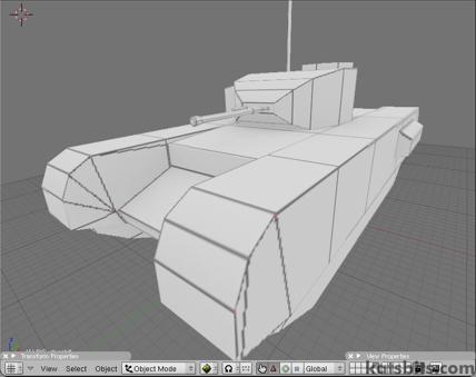 The gmax exported *.obj file of the Churchill tank model imported into Blender 3D, uvw mapped, materialed and textured