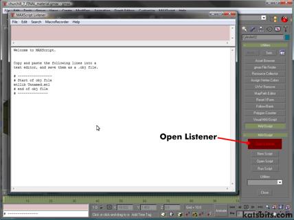 Opening gmax's "MAXscript Listener" window from the "Utilities" panel