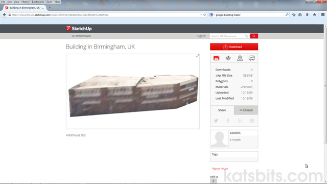 Google 3D Warehouse page showing 'Building in Birmingham' model