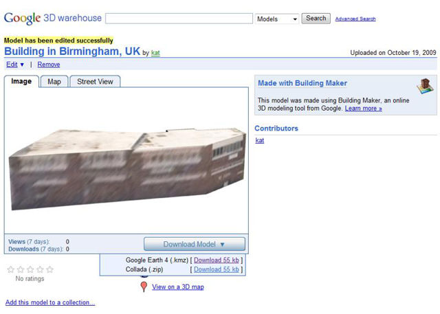 Google 3D Warehouse showing a model built using Google Building Maker