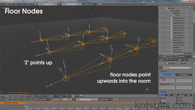 Floor nodes point upwards into a room