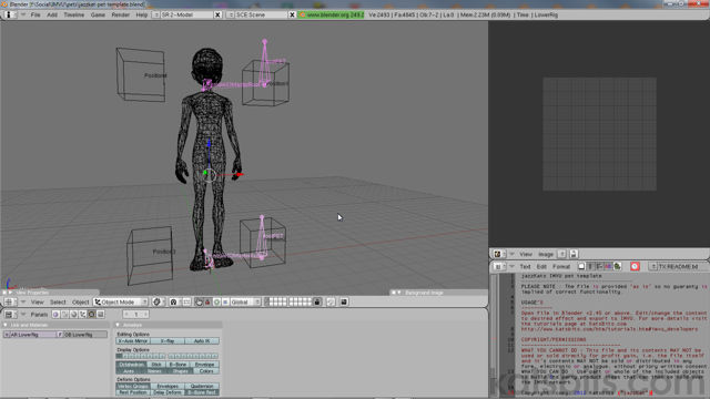 Pet template open in Blender 2.49 shows typical placement (boxes) and attachment skeletons (bones)