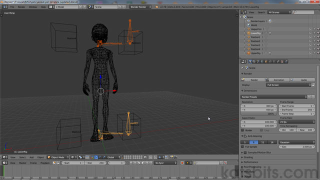 Pet template open in Blender showing typical placement and attachment Armatures