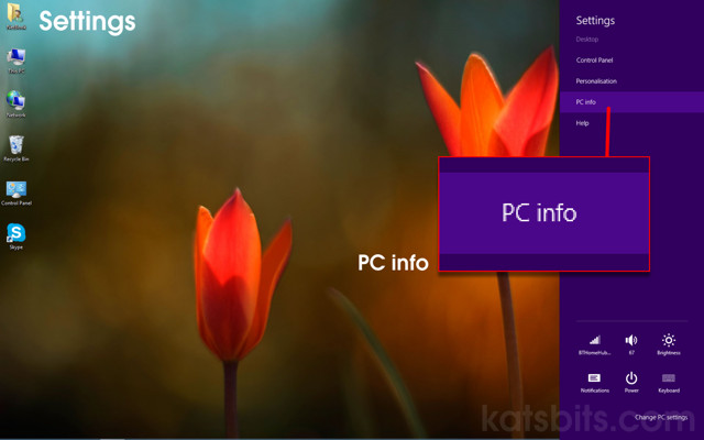 Selecting "PC info" from the Sidebar in Windows 8