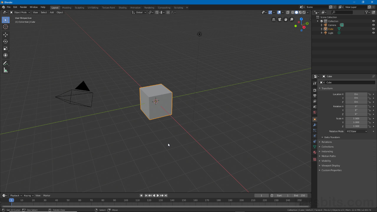 Initial view of Blender 2.80 interface