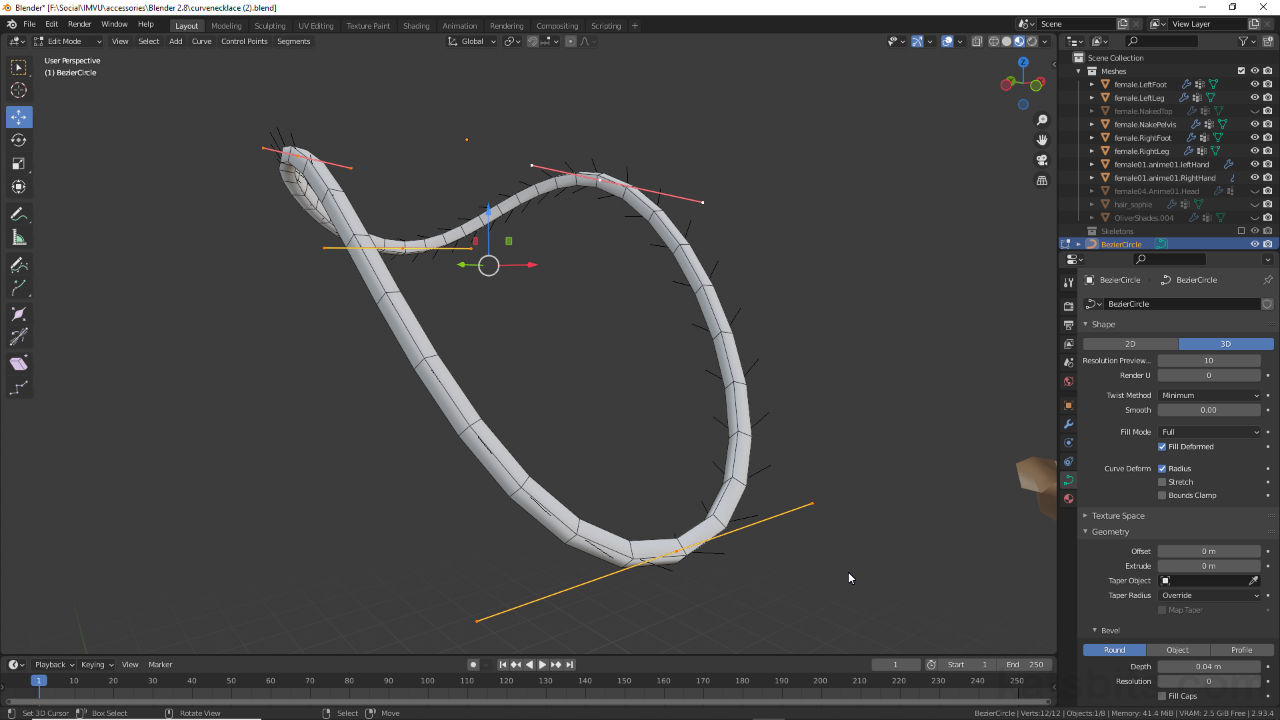 Making a simple necklace for IMVU using Bezier curves in Blender