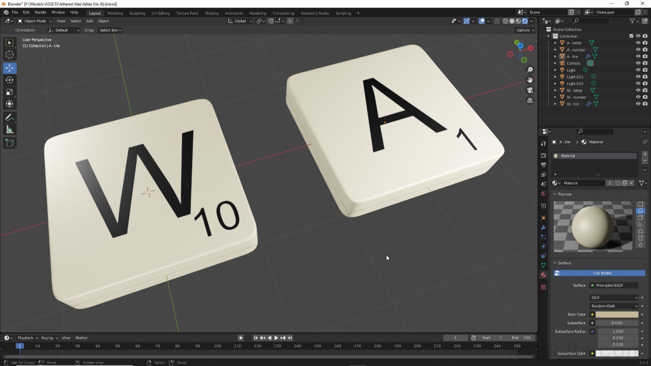 Make lettered scrabble tiles in Blender