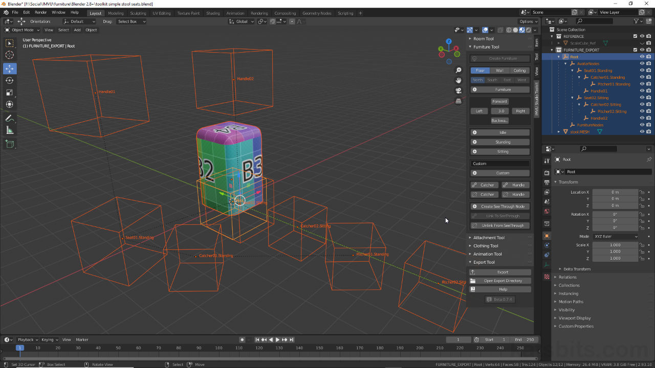 Adding Seats (Pose Spots) to Furniture using IMVU Toolkit for Blender.