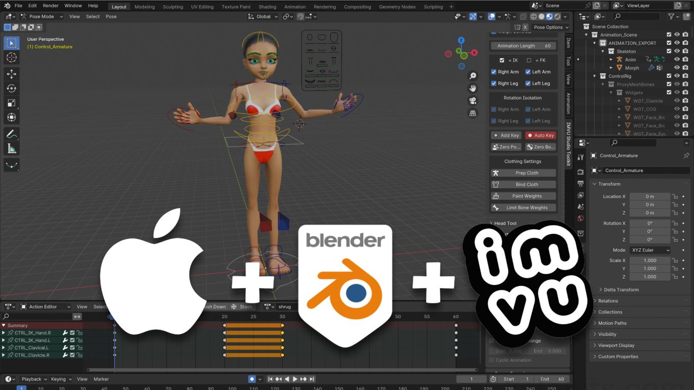 Make an Animated Avatar Pose for IMVU in Blender 4 using the Toolkit on MacOS