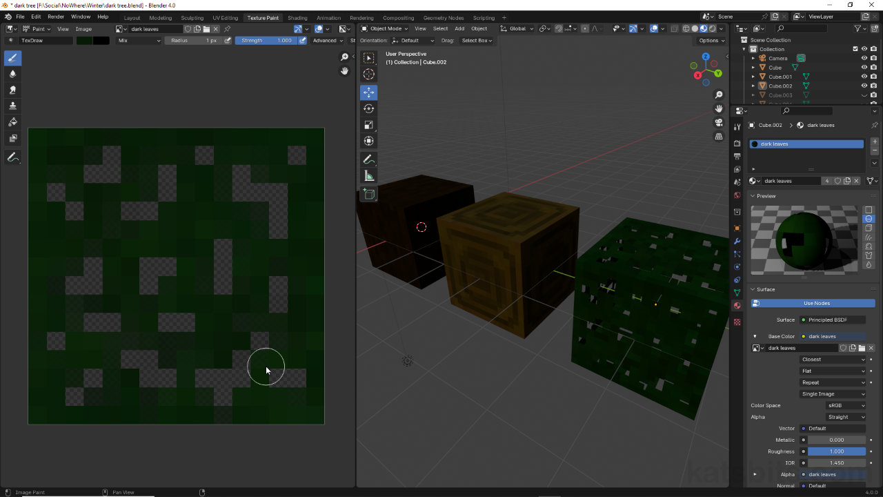 Paint a set of Minecraft style 'fir tree' textures in Blender using Texture Paint