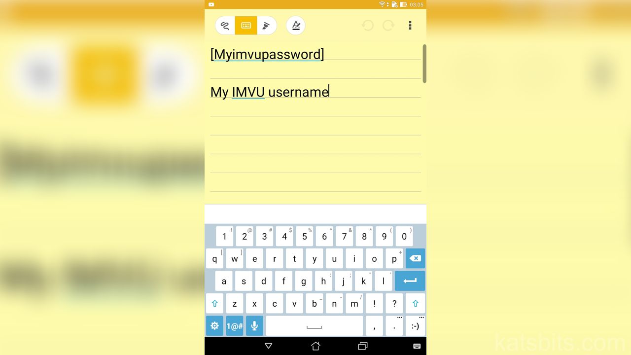 Save IMVU password details in an Android note